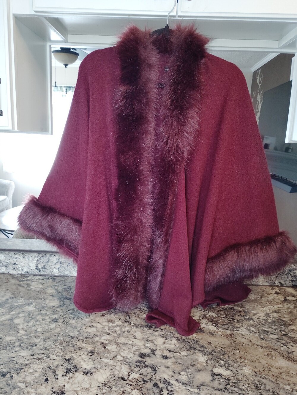 Faux Fur Trim Burgundy Cape